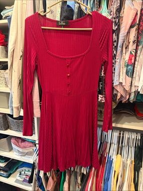Lulu's Deep Red Long Sleeve Scoop Dress with Button Front
